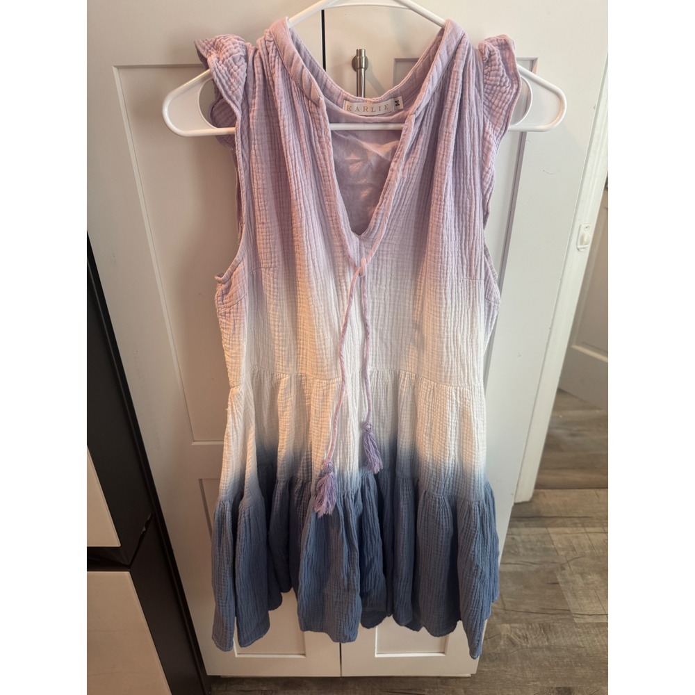 Karlie Ombre Gauze Tiered Mini Dress Lavender Blue Tie Front Tassel Ruffle M